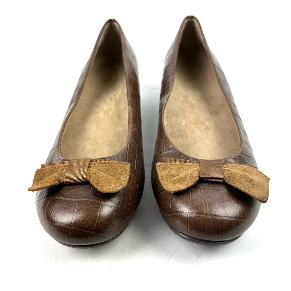 Vionic Lydia Orthaheel Wedge Shoes 7.5‎ Brown Croc Embossed Slip On Shoes Womens